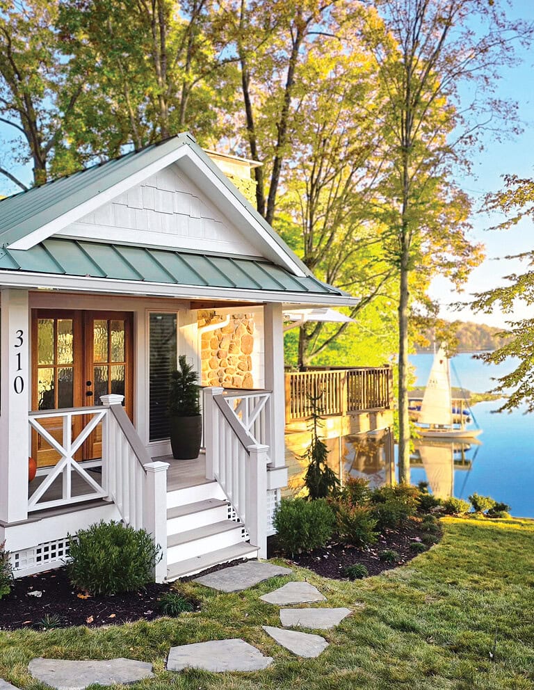 A refreshed 1970s Moneta cottage exterior at Smith Mountain Lake with low-maintenance finishes.