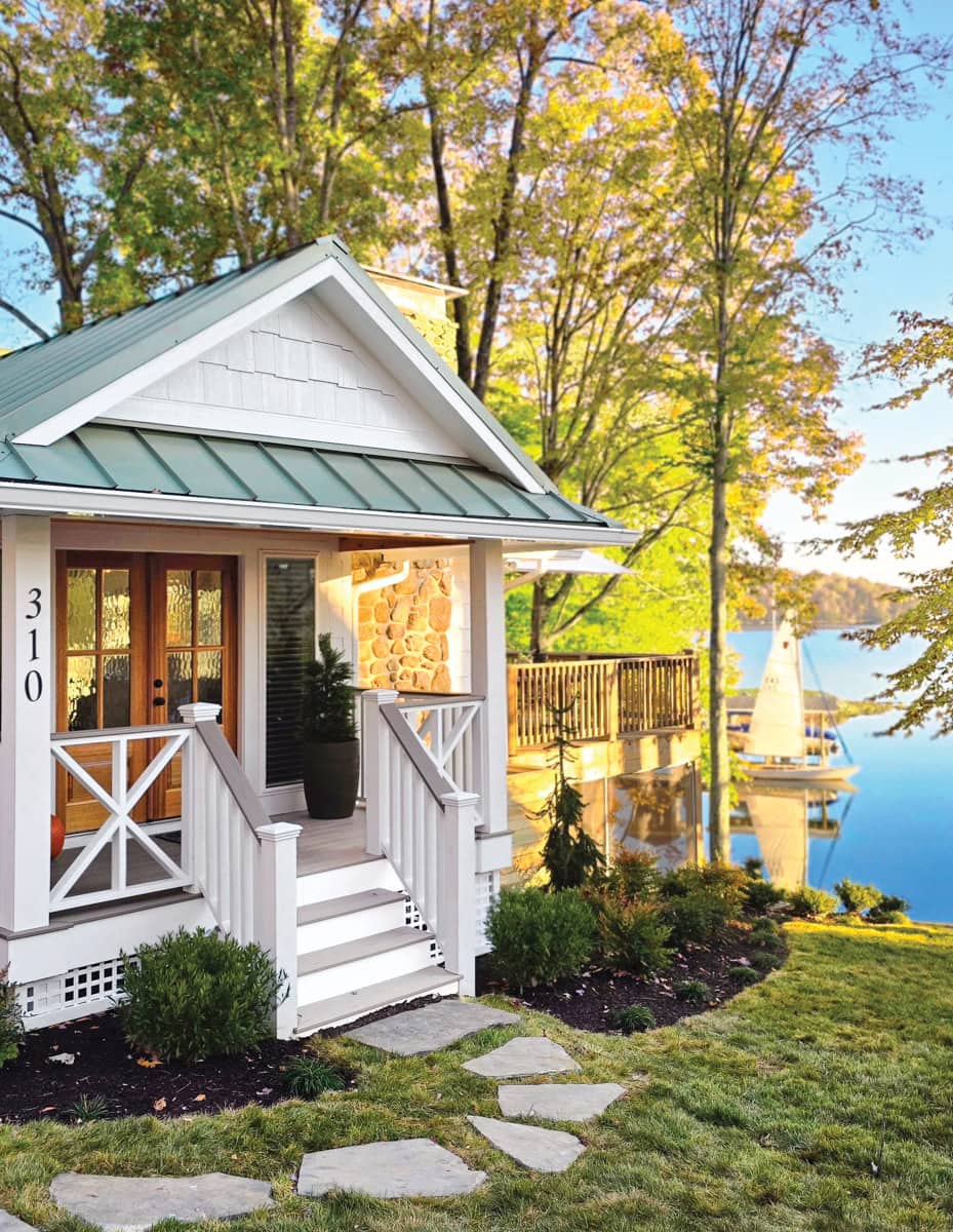A refreshed 1970s Moneta cottage exterior at Smith Mountain Lake with low-maintenance finishes.
