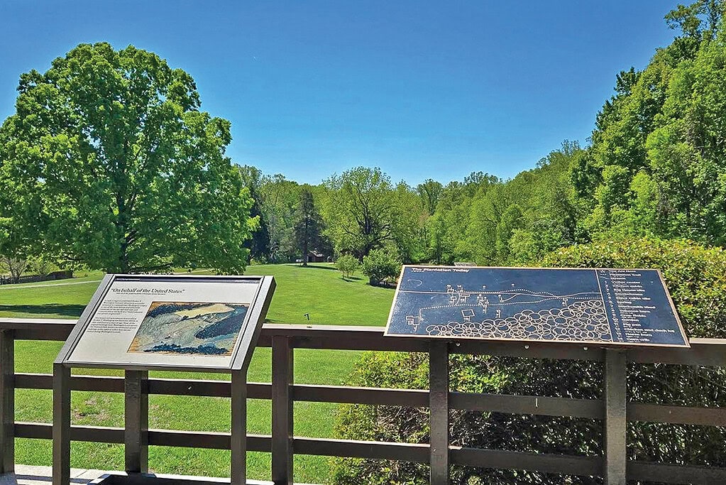 Informational plaques describe details of the Burroughs Plantation where Booker T. Washington was born into slavery in Franklin County, VA.