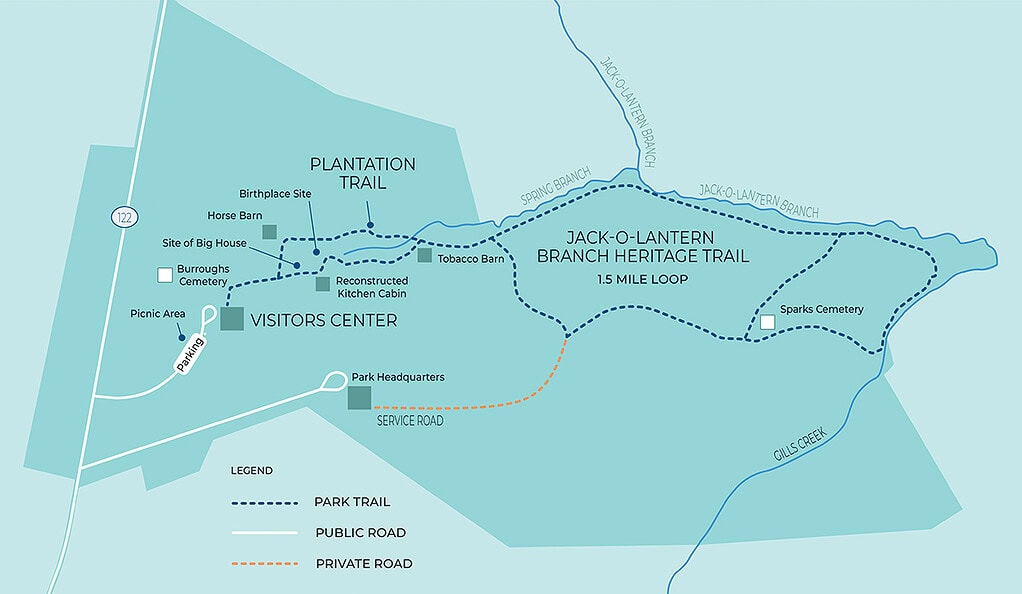 Map of Booker T. Washington National Monument near Smith Mountain Lake, VA.
