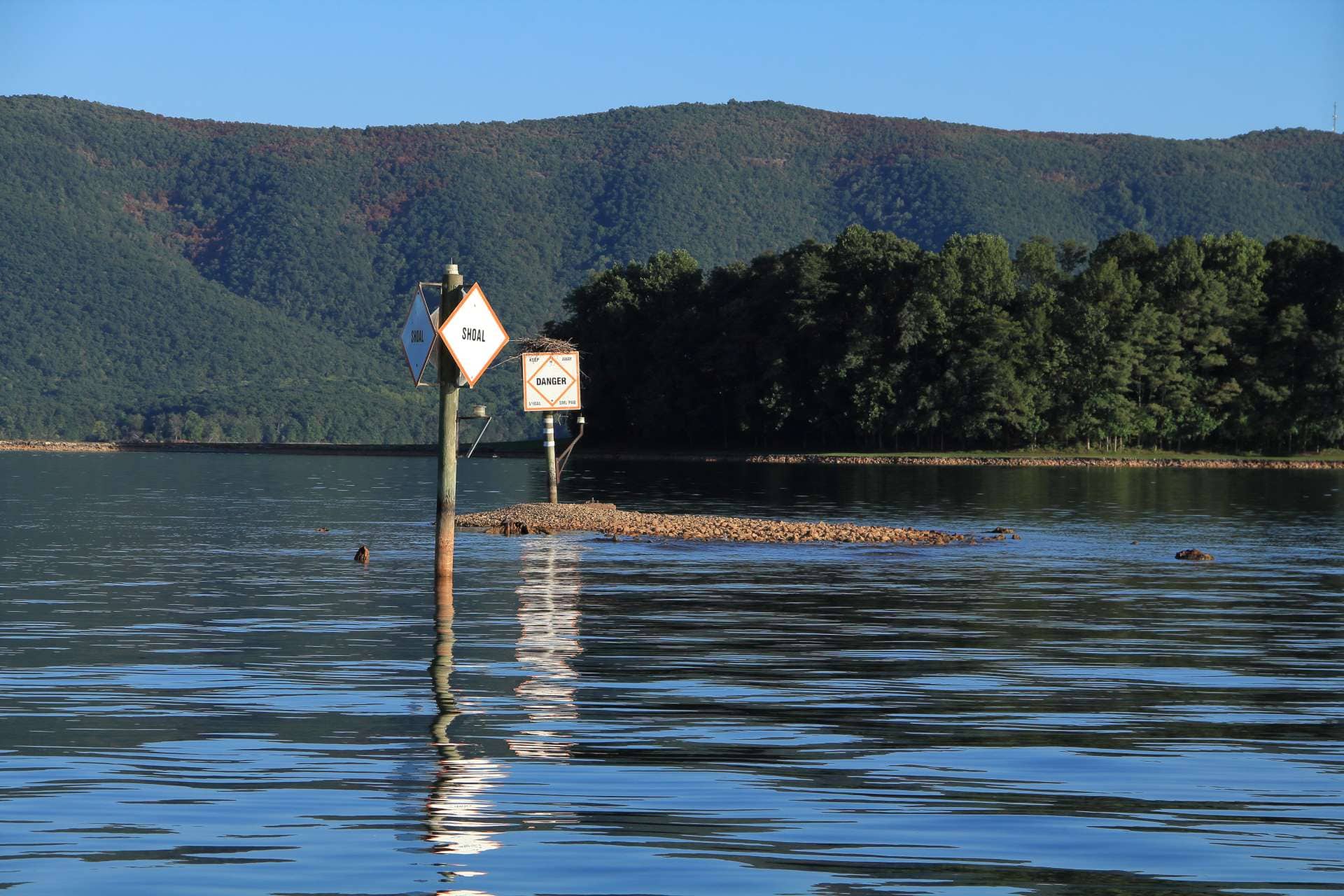 A channel marker is exposed during low water at Smith Mountain Lake, VA.