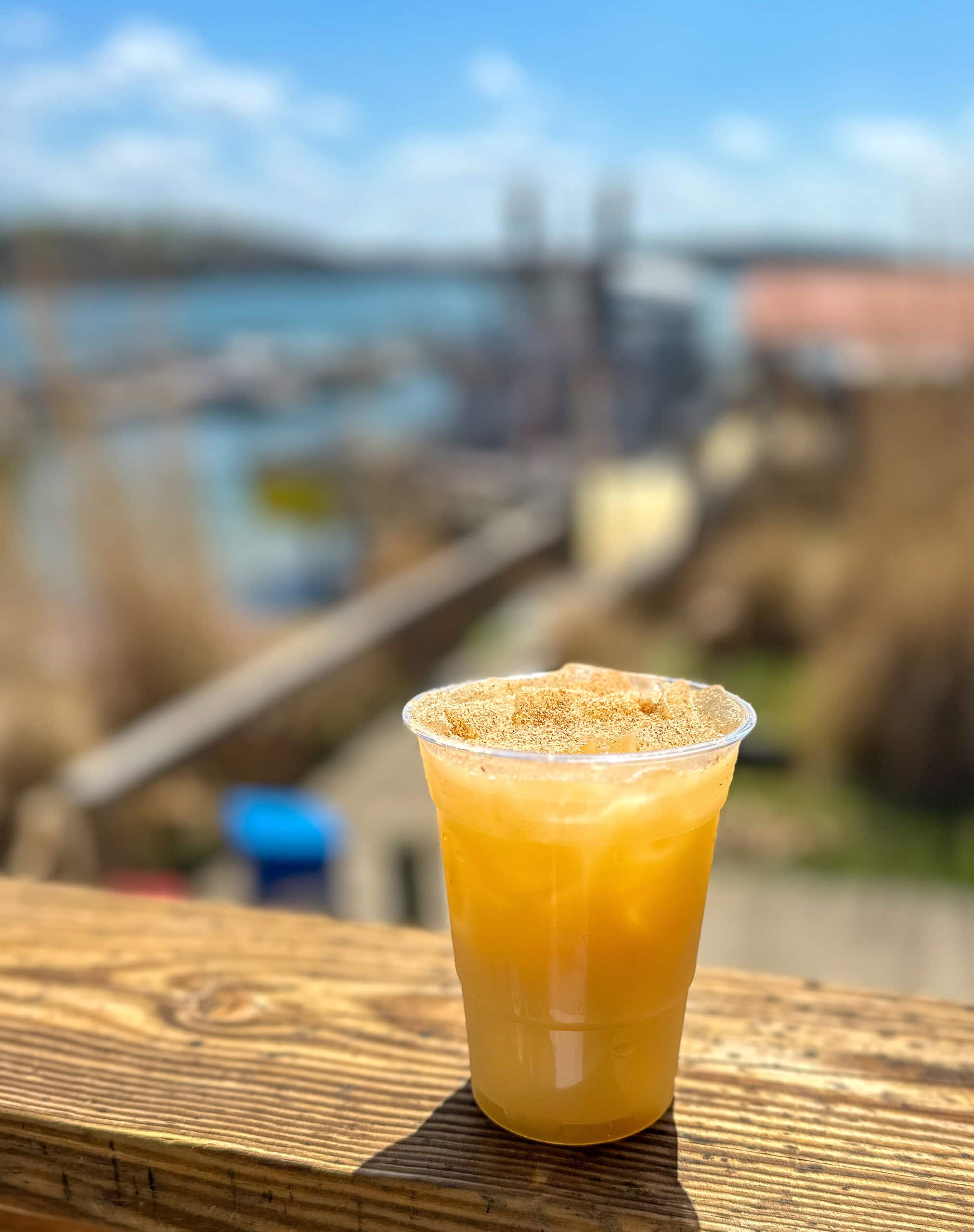 Painkiller tropical cocktail topped with freshly shaved nutmeg at Beacon Pub, Virginia Dare Marina, Smith Mountain Lake