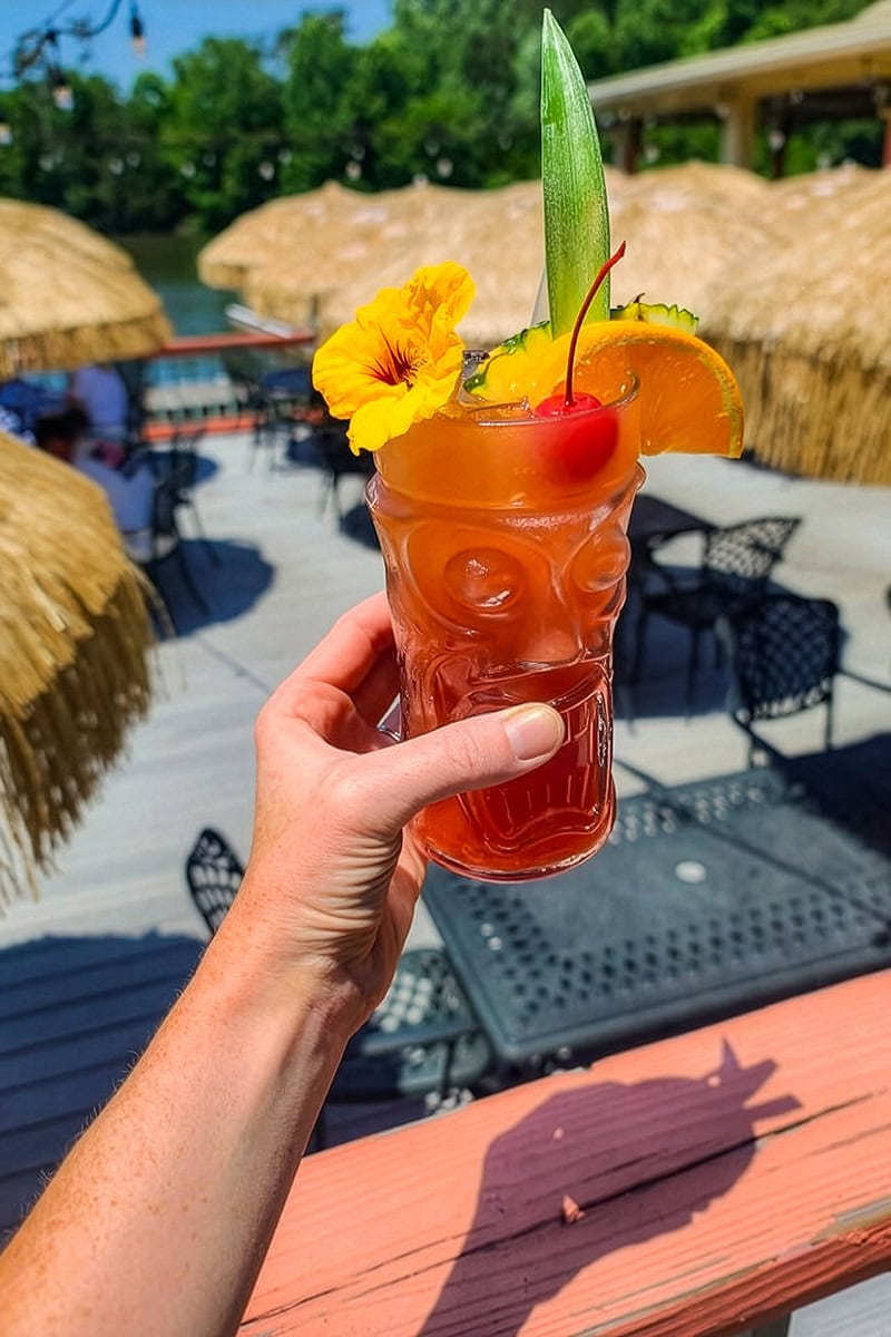 Rum Runner tropical cocktail served in a tiki-style glass at Jake's Place, Smith Mountain Lake