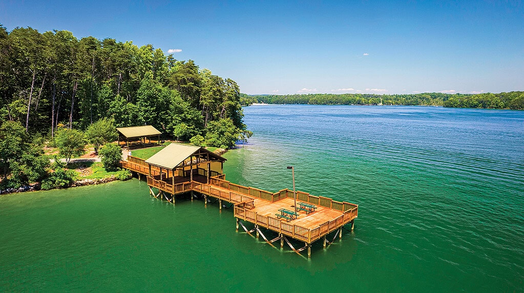 An aerial view of the fishing pier at Franklin County Community Park Smith Mountain Lake.