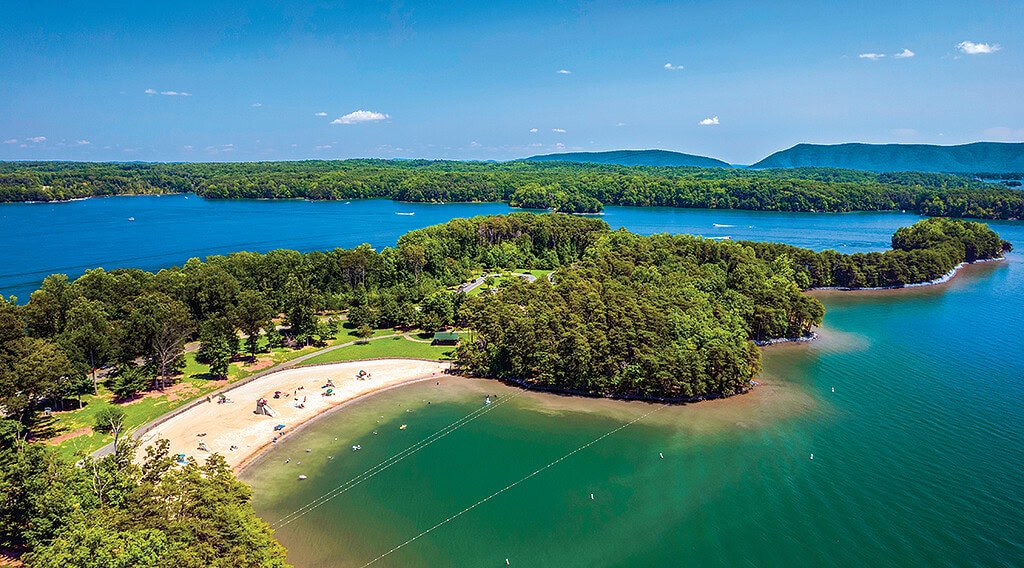 Aerial view of the beach and peninsula at Smith Mountain Lake Community Park.