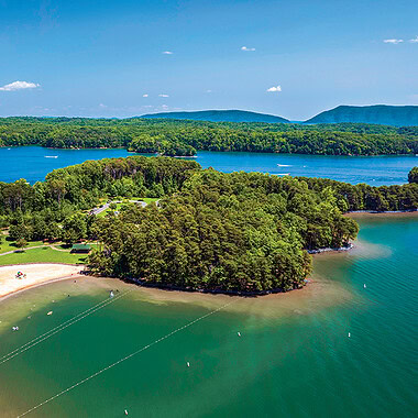 Aerial view of the beach and peninsula at Smith Mountain Lake Community Park.