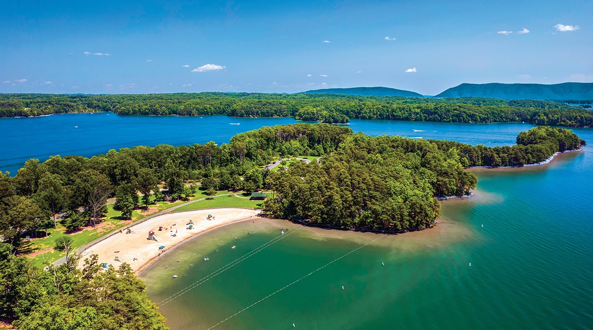 Aerial view of the beach and peninsula at Smith Mountain Lake Community Park.