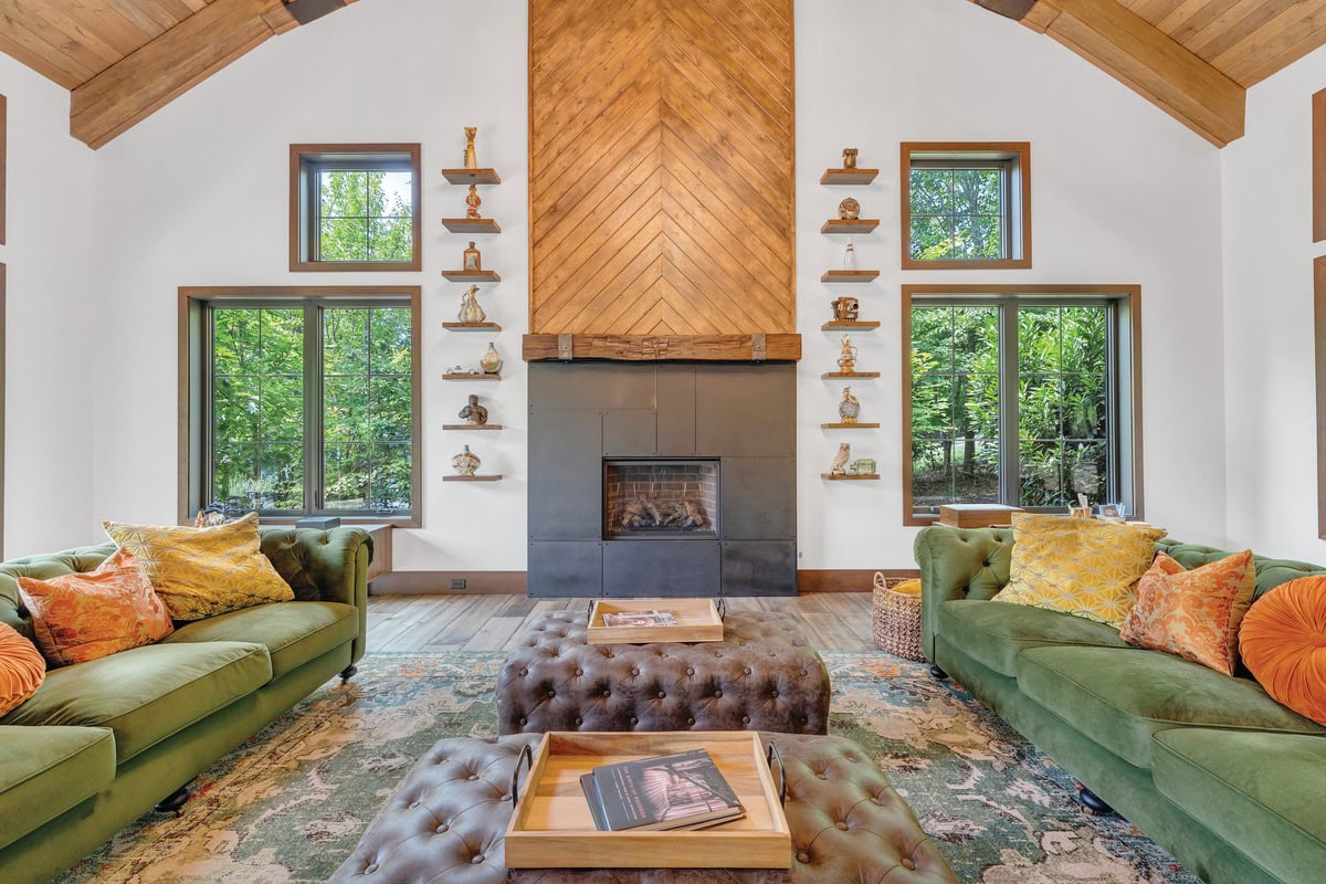 Soaring wood-and-glass interior of the LaBella Bourbon Barn at Smith Mountain Lake