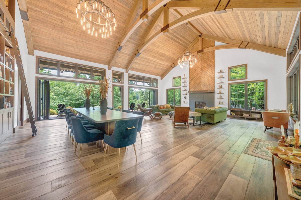 Soaring wood-and-glass interior of the LaBella Bourbon Barn at Smith Mountain Lake