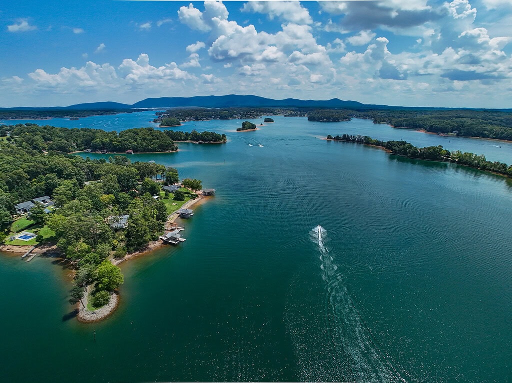 Aerial view of Smith Mountain Lake and the surrounding Blue Ridge foothills