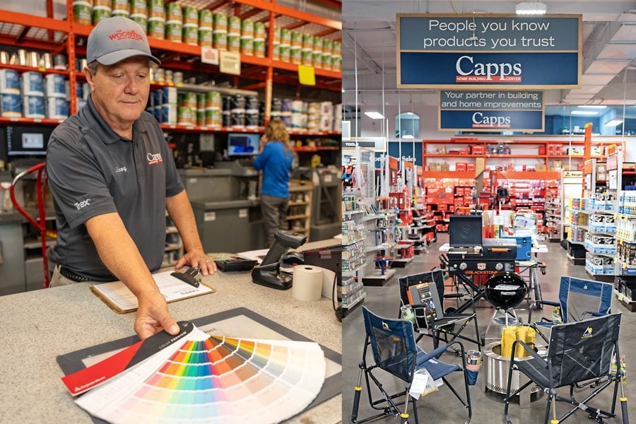 Capps Home Building Center team member assisting a customer with paint product selection inside the store
