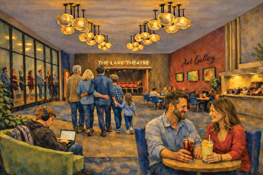 Rendering of the Smith Mountain Lake Center concept featuring a theater entrance, art gallery and café gathering space