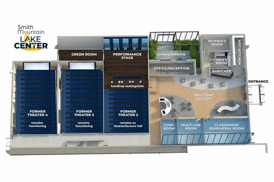 Preliminary floor plan of the renovated Westlake Cinema showing performance stage, gallery, classrooms and conference rooms